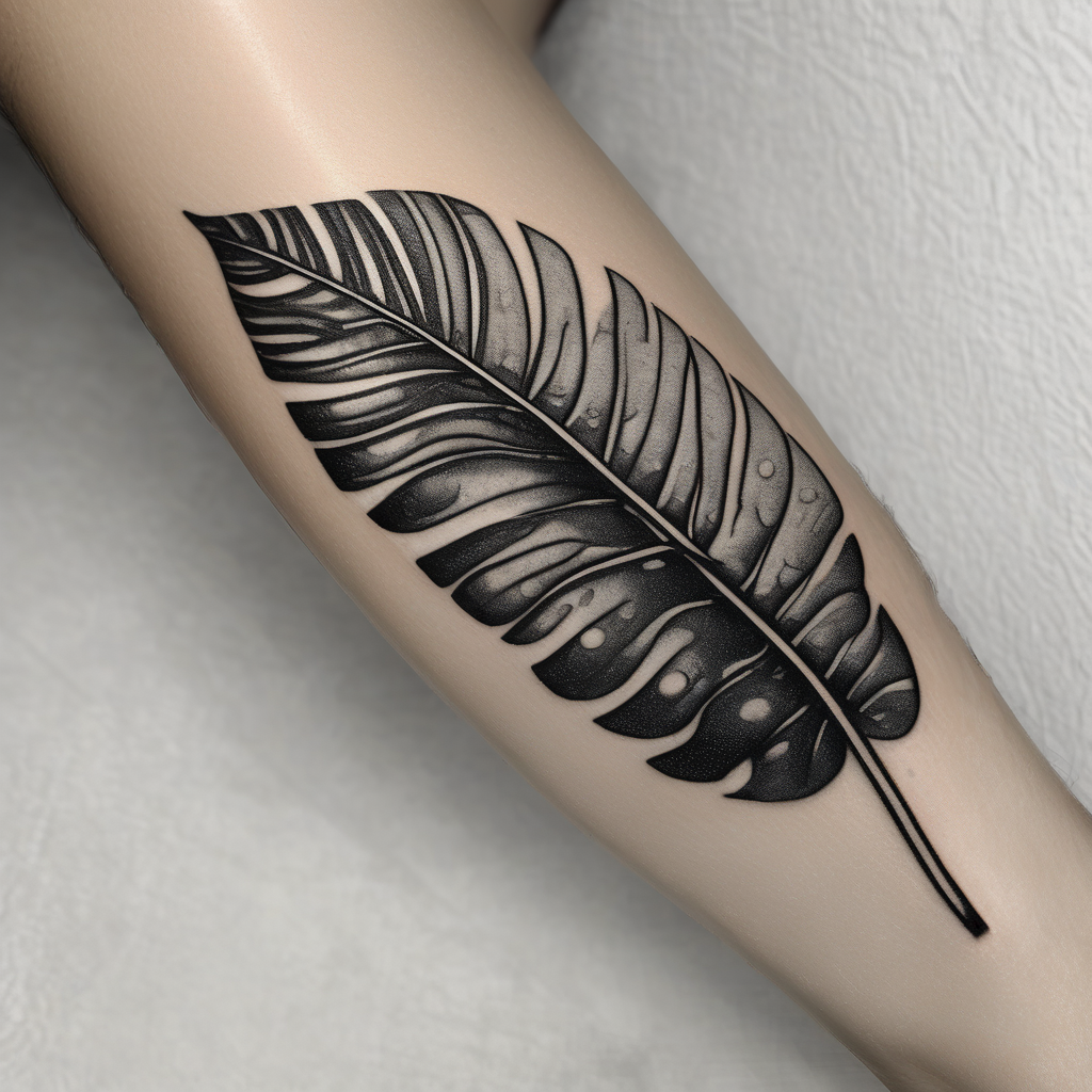 Abstract but realistic monstera leaf tattoo to go on the right leg on the outside of the leg next to the shin with a stem going down behind the ankle. Make it not so dark with lighter shading mens-behind-the-ear, design de tatouage Dotwork généré par IA