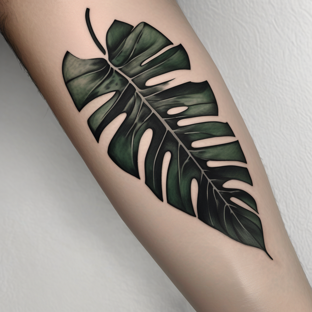 Abstract but realistic monstera leaf tattoo to go on the right leg on the outside of the leg next to the shin with a stem going down behind the ankle. Make it not so dark with lighter shading mens-behind-the-ear, design de tatouage Réaliste généré par IA