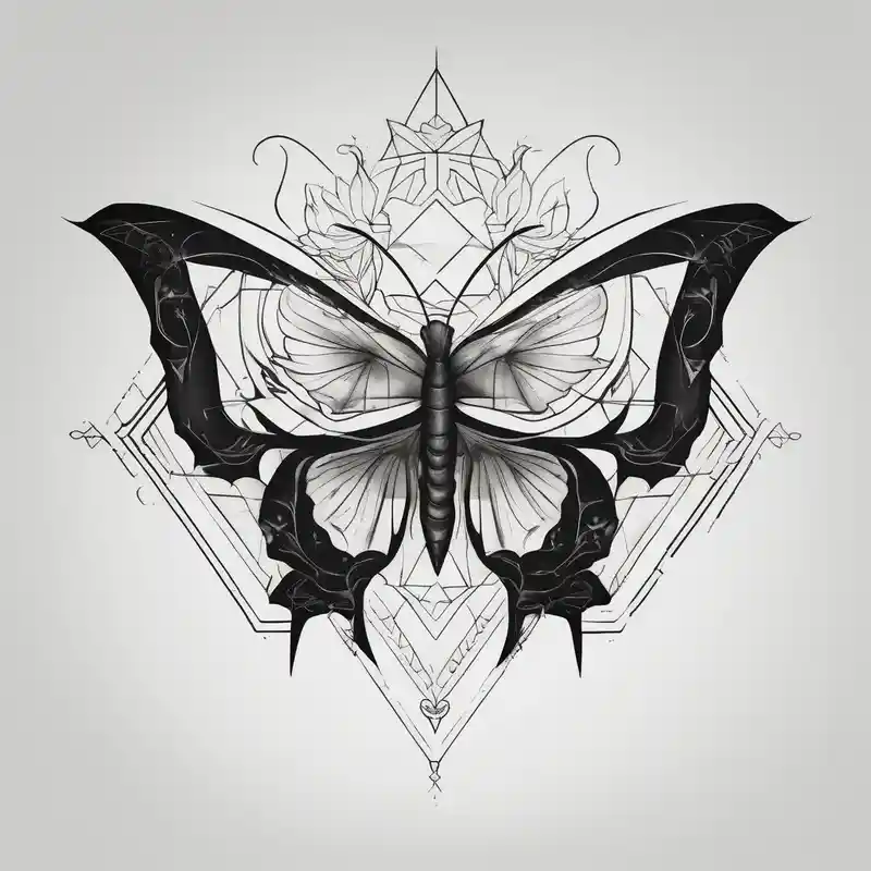 a simple, black minimalist chest tattoo with a butterfly in the centre and flowers elegantly behind it floating elegantly in