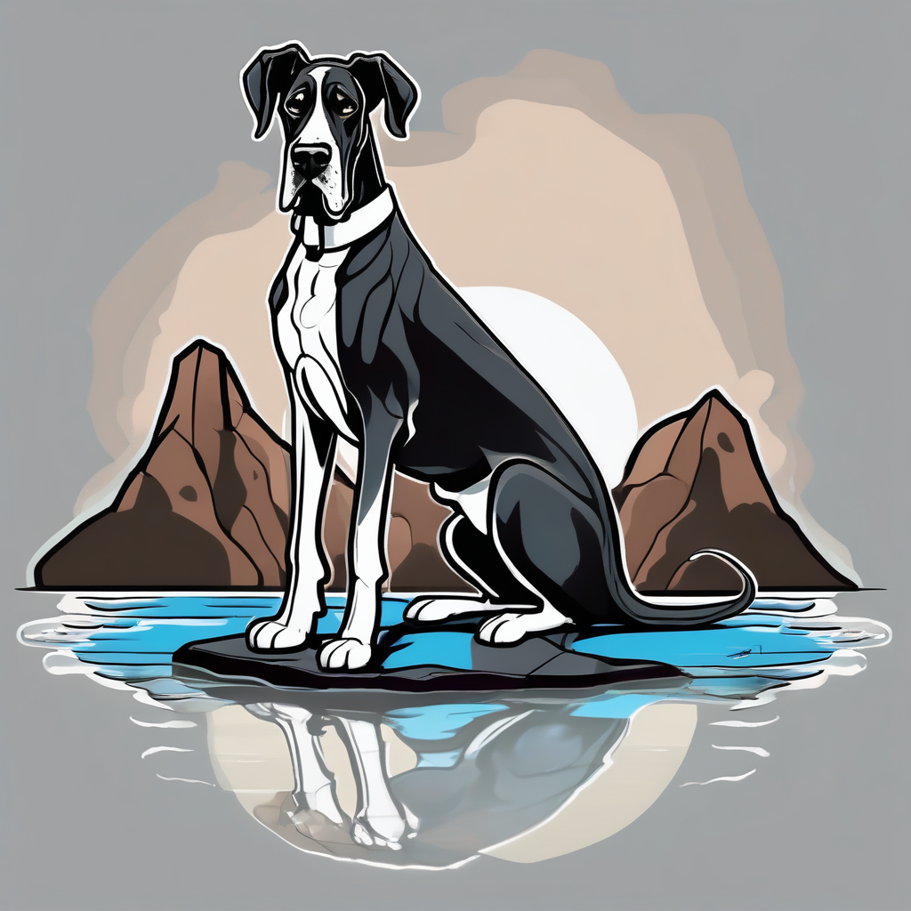 Arm sleeve for man with Great Dane (Full Tuxedo Color and floppy ears) standing proudly chest up on a rock in front of a body of water mens-behind-the-ear(AIが生成したカートゥーンスタイルのタトゥーデザイン)