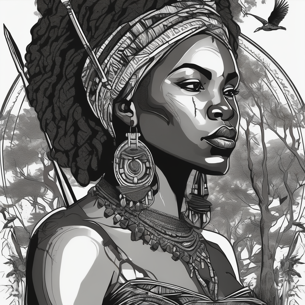African woman warrior holding spear with ear rings and trees and brids and elephants in the background mens-behind-the-ear, design de tatouage Noir et blanc généré par IA