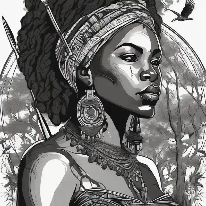African woman warrior holding spear with ear rings and trees and brids and elephants in the background