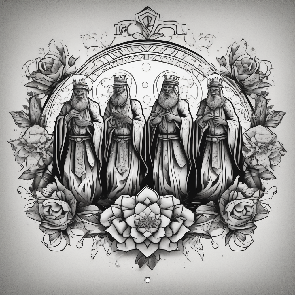 three wise men old school vintage simple traditional design with vintage flowers surrounding it bold color simple mens-behind-the-ear(AIが生成したドットワークスタイルのタトゥーデザイン)