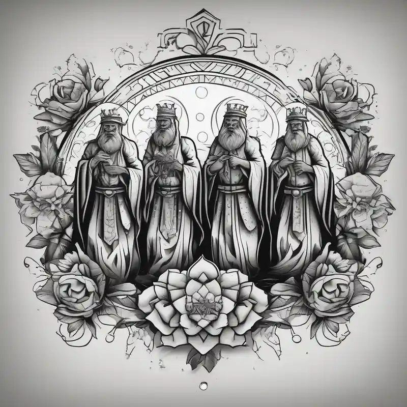 three wise men old school vintage simple traditional design with vintage flowers surrounding it bold color simple – ドットワーク, 白黒