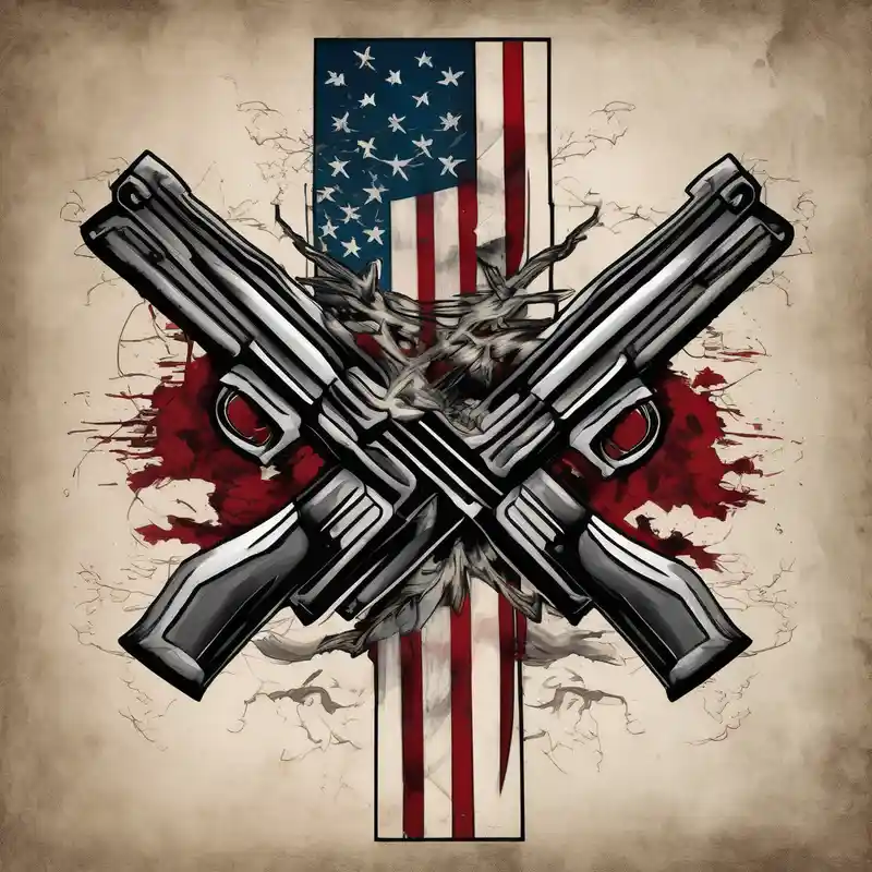 Distressed American flag behind cross with 2 guns leaned on it simple
