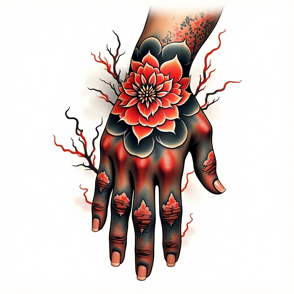 geometric micro realism tattoo on hand, design de tatouage Japonais généré par IA