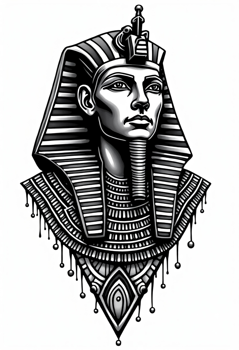 Micro realism. Pharoah statue, design de tatouage Blackwork généré par IA