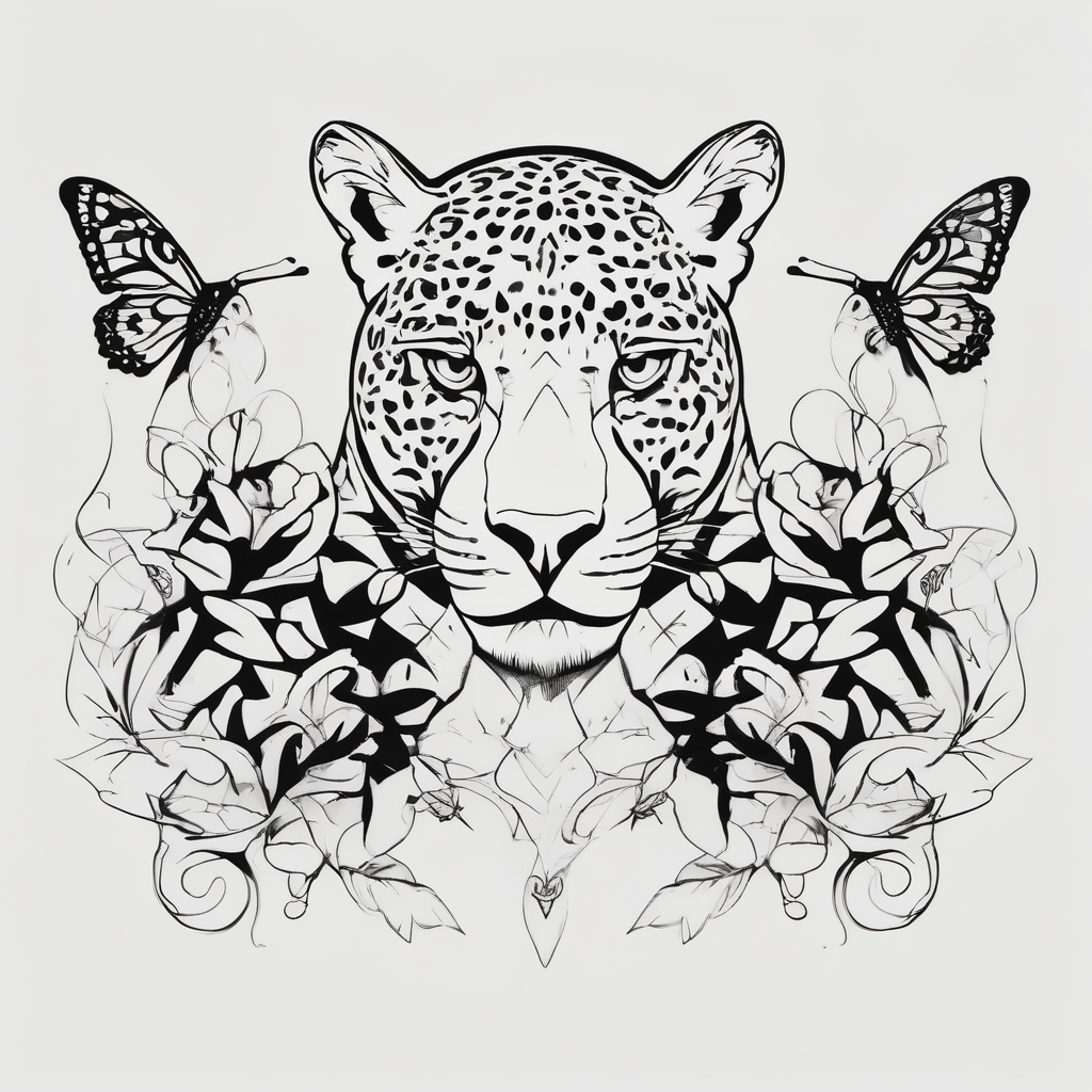 head of 3 jaguars (1 mother and 2 cubs) surrounded by butterflies and hummingbirds in new old school style monarch-butterfly(AIが生成したミニマルスタイルのタトゥーデザイン)