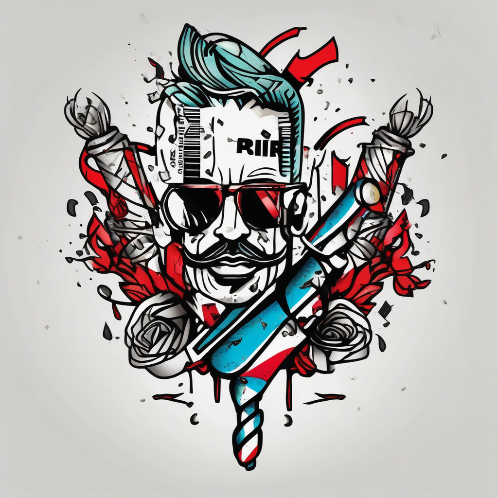 Barber Pole with scissors raining money THIS IS MY LIFE (2022) money-bag, design de tatouage Old school généré par IA