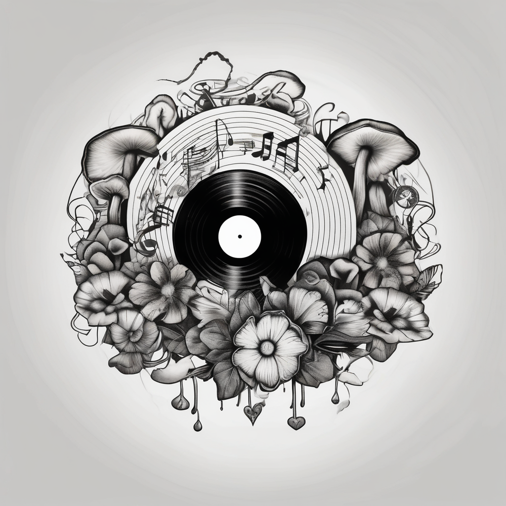 vinyl record with mushrooms, flowers, hearts, and music notes, AI-generated Black and White tattoo design