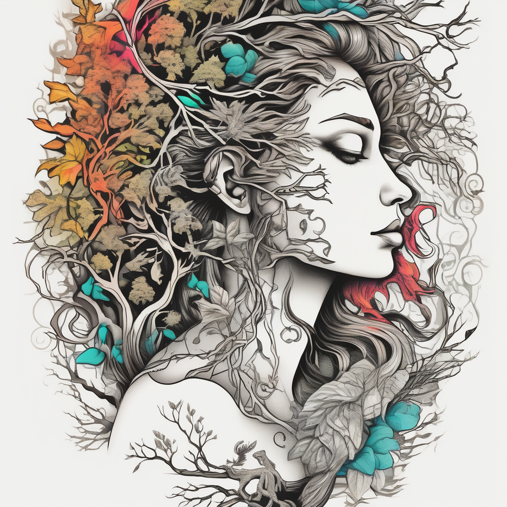 Forest goddess looking down side profile tree branches forming into her face with full male lions head facing her as to protect her middle arm sleeve neck-male, diseño de tatuaje Surrealista generado con IA