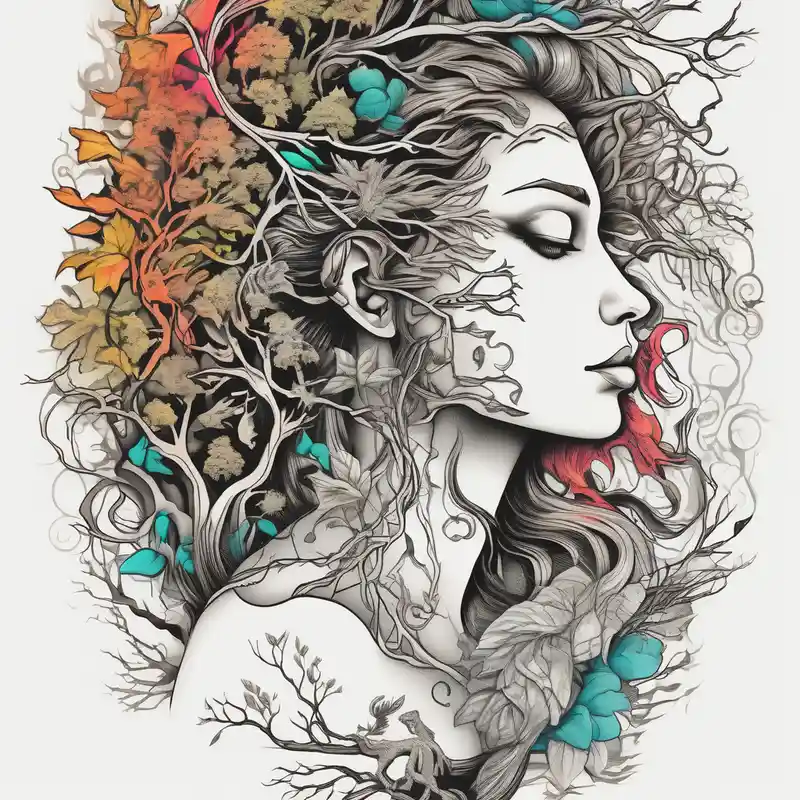 surreal style Lion Tattoo Designs and Meanings about Forest goddess looking down side profile tree branches forming into her face with full male lions head facing her as to protect her middle arm sleeve neck-male and Forest goddess looking down side profile tree branches forming into her face with full male lions head facing her as to protect her middle arm sleeve neck-male