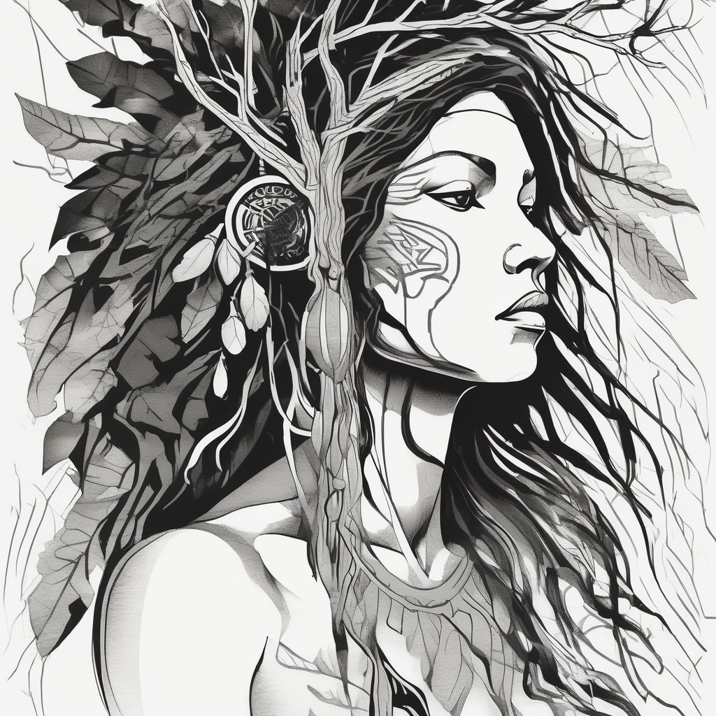 Native american Forest goddess looking down side profile tree branches forming into her face male lions head facing her as to protect her middle arm sleeve neck-male, AI-generated Sketch tattoo design