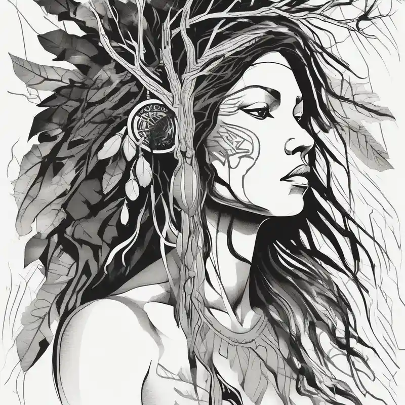 sketch style Lion Tattoo Designs and Meanings about Native american Forest goddess looking down side profile tree branches forming into her face male lions head facing her as to protect her middle arm sleeve neck-male and Native american Forest goddess looking down side profile tree branches forming into her face male lions head facing her as to protect her middle arm sleeve neck-male