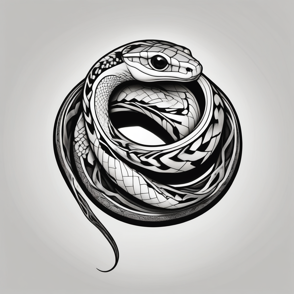 Ring neck snake forming an infinity symbol neck-male, AI-generated Black and White tattoo design