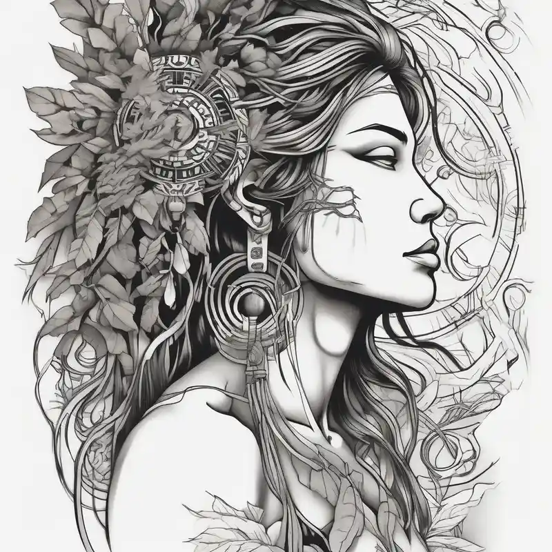 japanese style Lion Tattoo Designs and Meanings about Native american Forest goddess looking down side profile tree branches forming into her face male lions head facing her as to protect her middle arm sleeve neck-male and Native american Forest goddess looking down side profile tree branches forming into her face male lions head facing her as to protect her middle arm sleeve neck-male