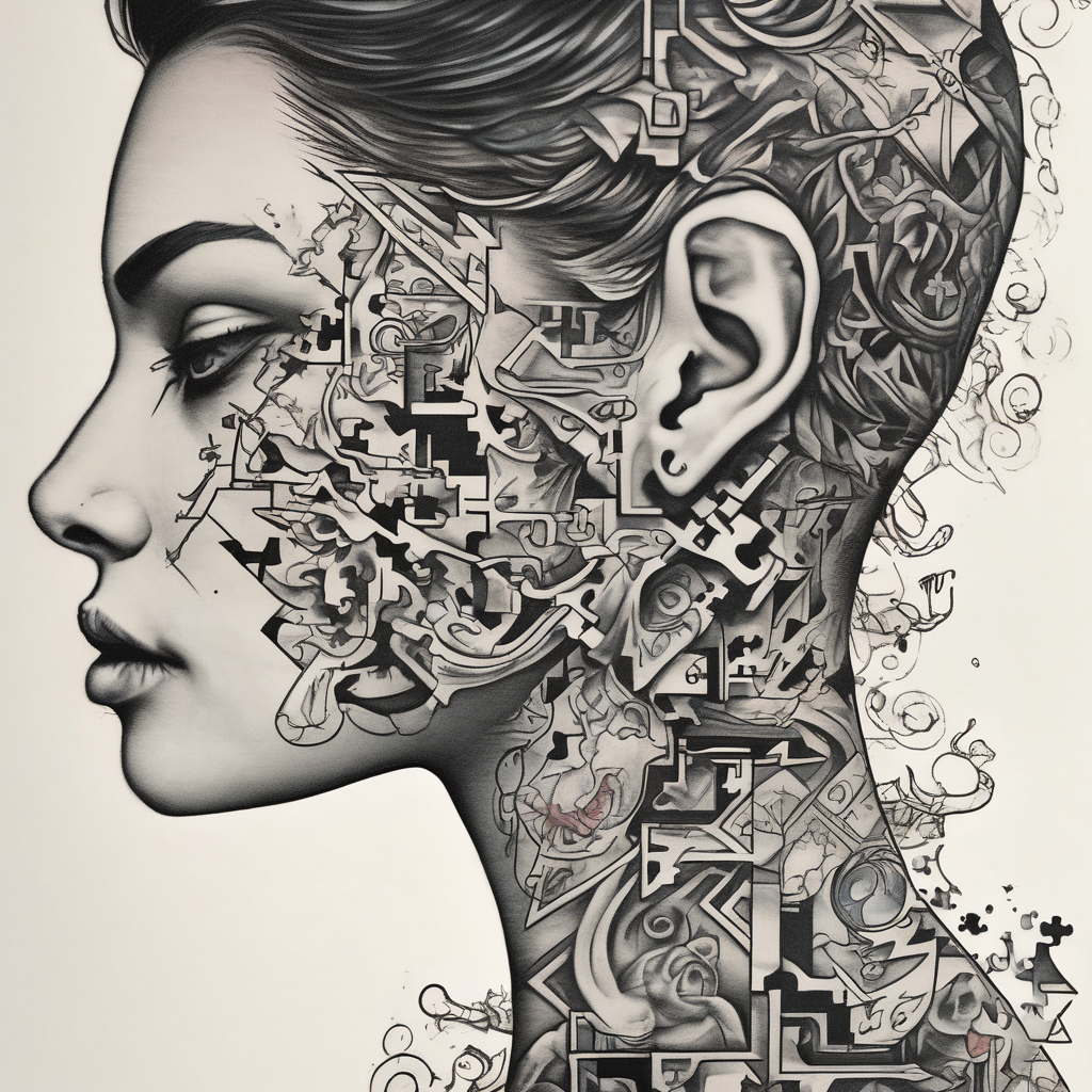 side of the neck puzzle piece tattoo where one of the pieces says Rella neck-male, design de tatouage Surréaliste généré par IA