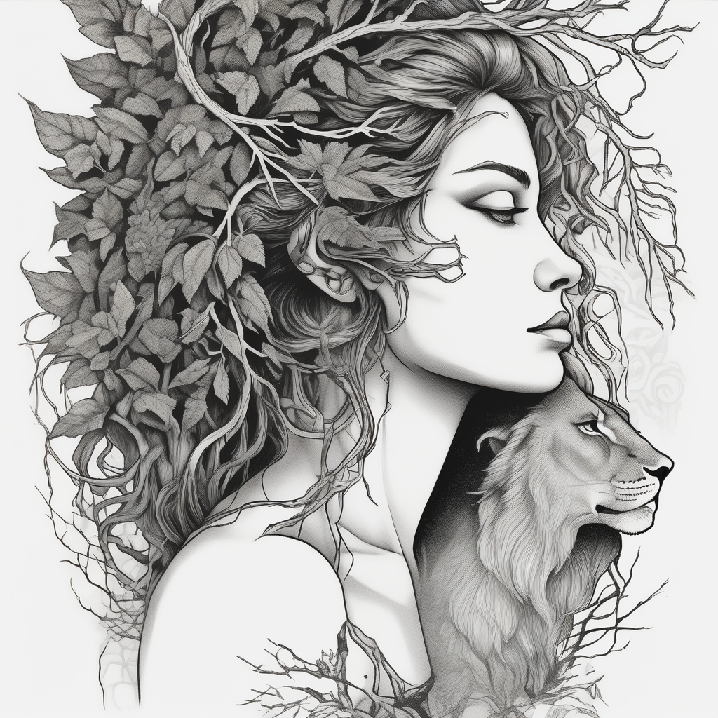 Forest goddess looking down side profile tree branches forming into her face with full male lions head facing her as to protect her middle arm sleeve neck-male, AI-generated Black and White tattoo design