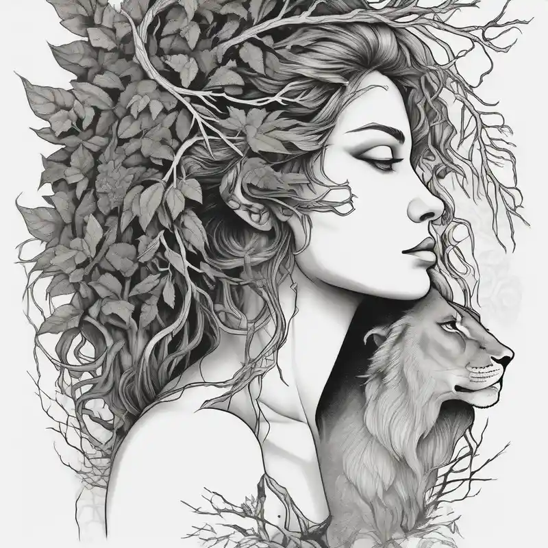 black and white style Lion Tattoo Designs and Meanings about Forest goddess looking down side profile tree branches forming into her face with full male lions head facing her as to protect her middle arm sleeve neck-male and Forest goddess looking down side profile tree branches forming into her face with full male lions head facing her as to protect her middle arm sleeve neck-male
