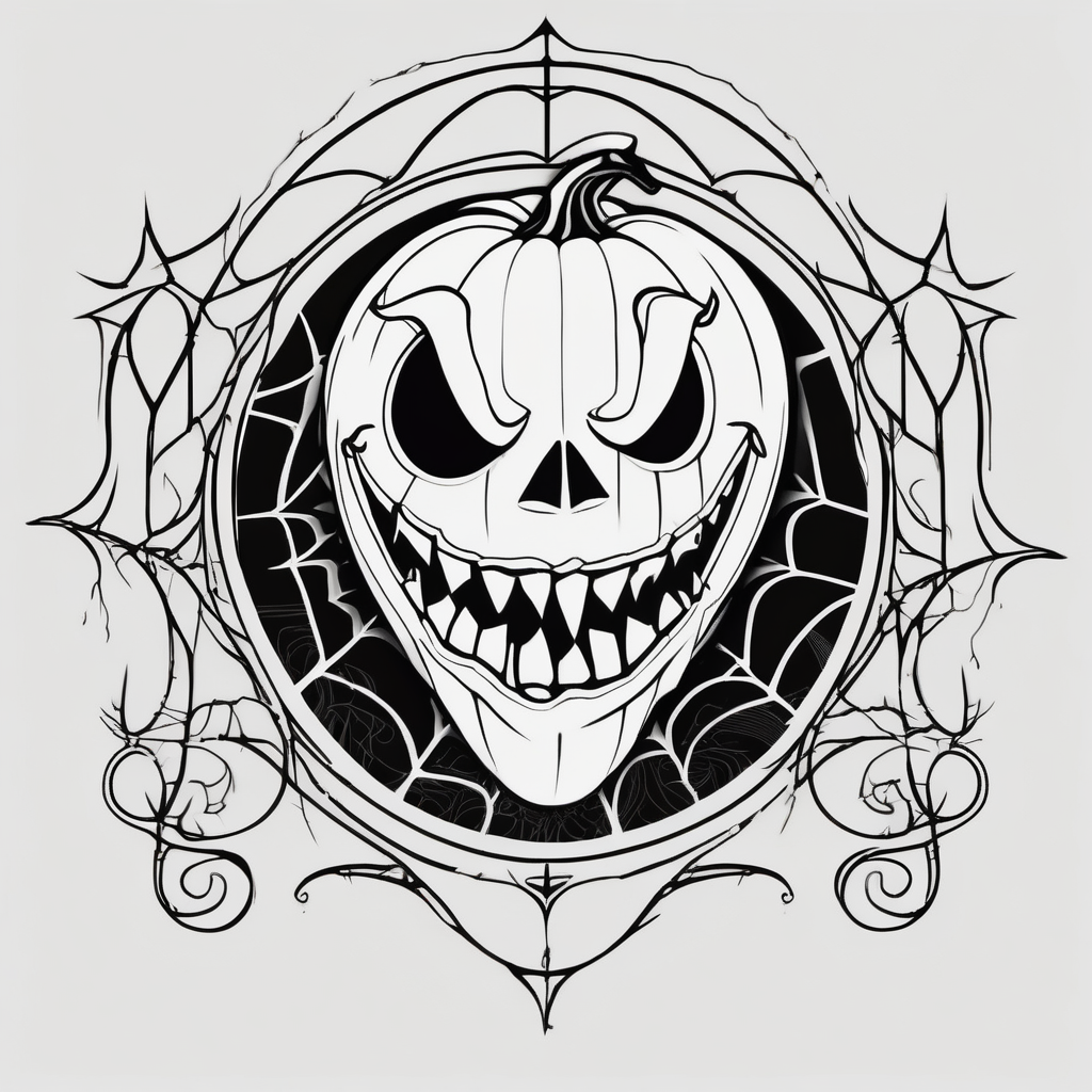 Spooky, Halloween, pumpkin, spiderwebs, Freddy, ghost face, nightmare before Christmas, hocus pocus, Addams family, practical magic nightmare-before-christmas, diseño de tatuaje Blanco y negro generado con IA