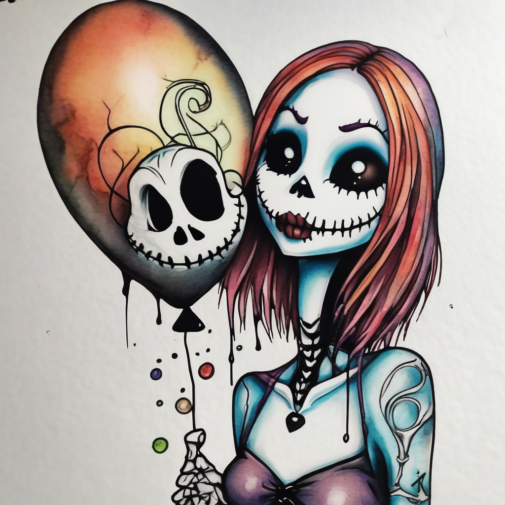 Sally from nighmare before christmas holding a ballon with jack skellignton's face nightmare-before-christmas, design de tatouage Aquarelle généré par IA