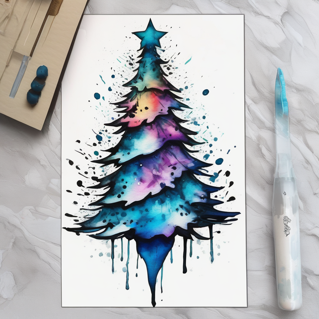salt air blue water color Christmas tree nightmare-before-christmas(AIが生成した水彩スタイルのタトゥーデザイン)
