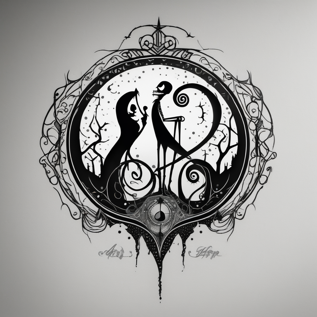 Nightmare before Christmas jack and sally nightmare-before-christmas, design de tatouage Dotwork généré par IA