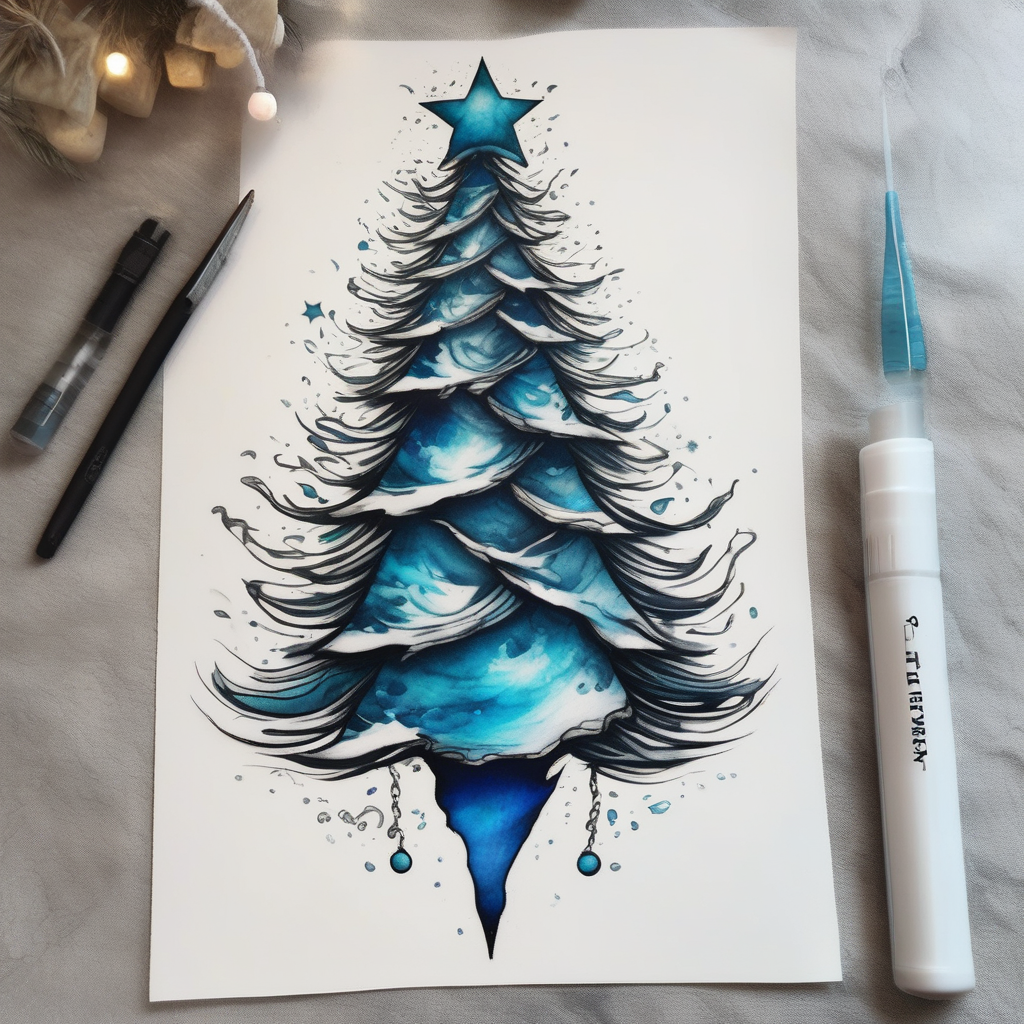 salt air blue water color Christmas tree nightmare-before-christmas(AIが生成したリアリズムスタイルのタトゥーデザイン)
