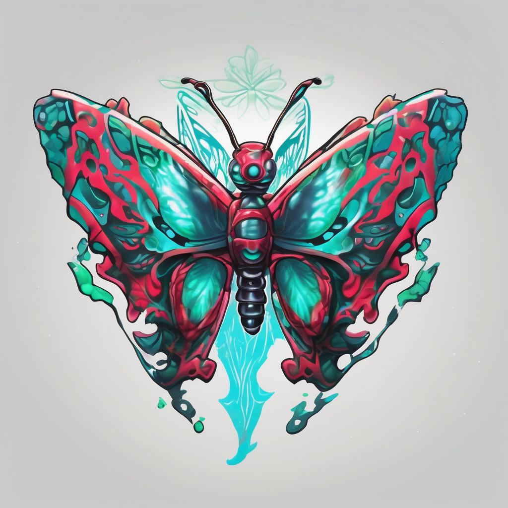 Christmas color camouflage clothes on the fortnite character jolly jammer, wrapped in majestic butterfly wings with a greenish blue glow,all on a pond with the fortnite zero point below it, nightmare-before-christmas(AIが生成したシュルレアリスムスタイルのタトゥーデザイン)