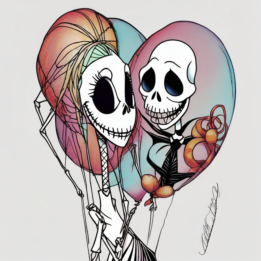 Sally from nighmare before christmas holding a ballon with jack skellignton's face nightmare-before-christmas, design de tatouage Croquis généré par IA