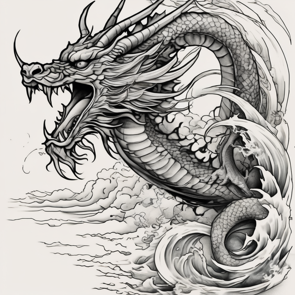 The ocean for the left side. The dragon with sumie style for the right side. That dragon goes up, AI-generated Blackwork tattoo design