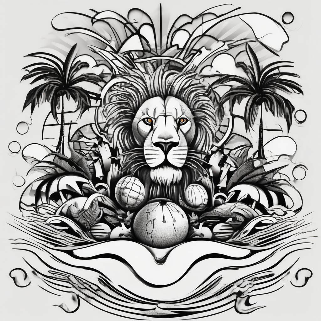 an image that represent jamaican island life with palm trees, ocean, coconuts, lions, and jamaican flag, AI-generated Surreal tattoo design