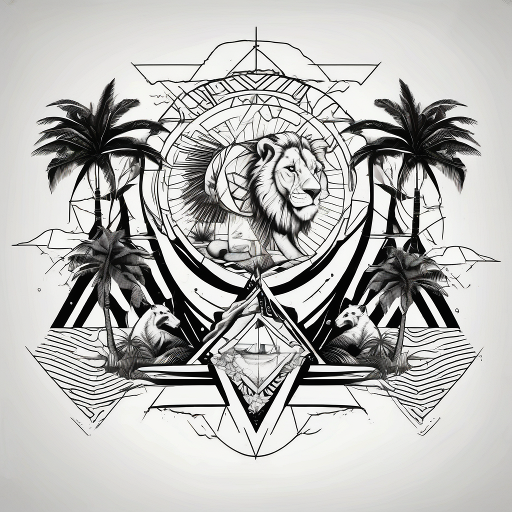 an image that represent jamaican island life with palm trees, ocean, coconuts, lions, and jamaican flag, AI-generated Geometric tattoo design