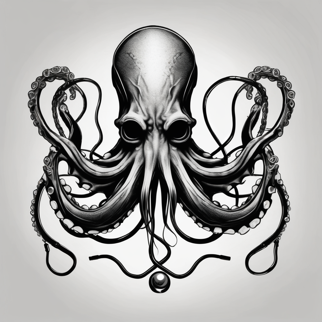 Octopus with trident and stethoscope, AI-generated Black and White tattoo design