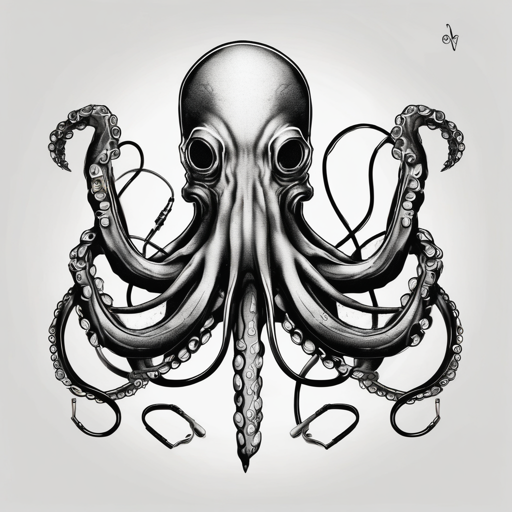 Octopus with trident and stethoscope, AI-generated Sketch tattoo design