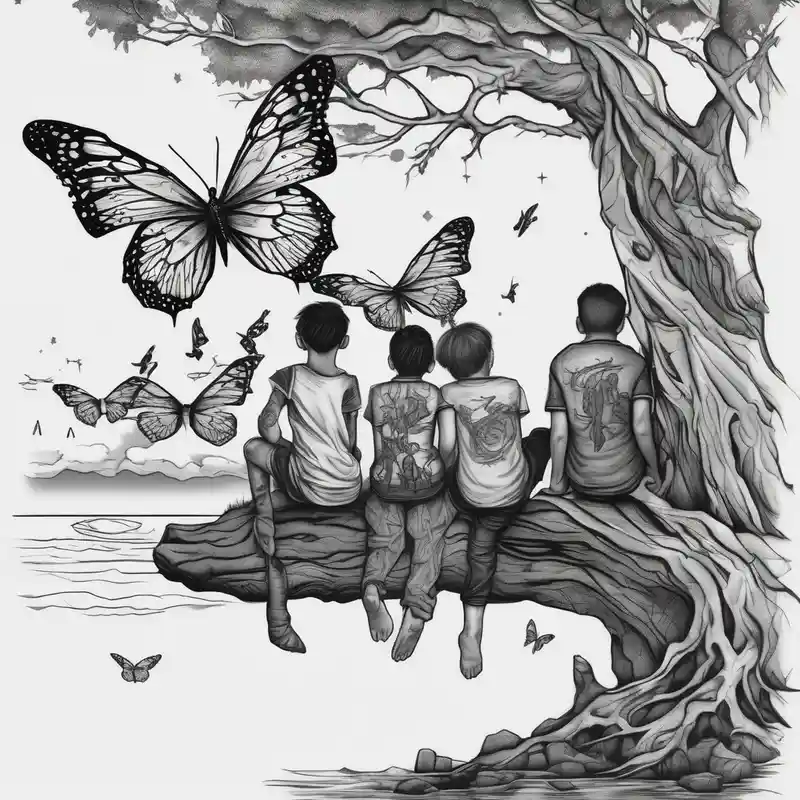 Two siblings watching a starfall by the sea. They are sitting on a tree branch in the woods and having an beutiful butterfly
