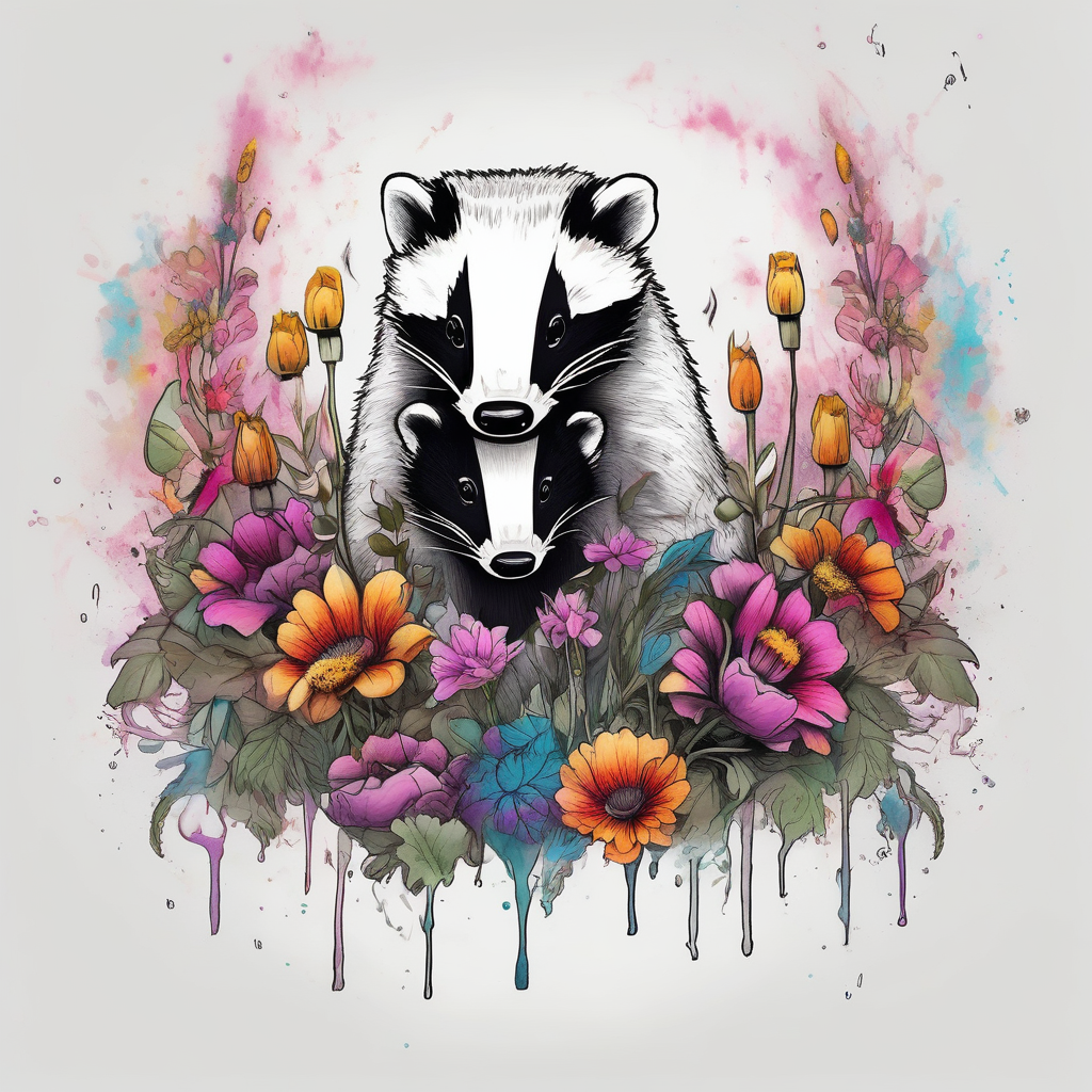 Trippy, pair of badger siblings in a field of flowers smoking a joint of-siblings, AI-generated Watercolor tattoo design