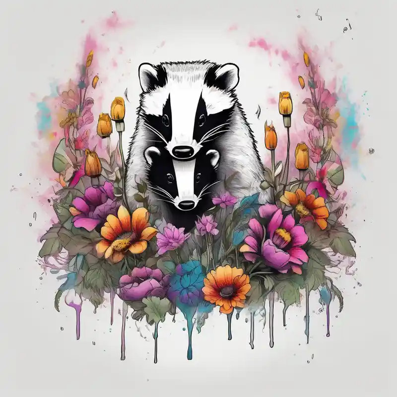 Trippy, pair of badger siblings in a field of flowers smoking a joint of-siblings