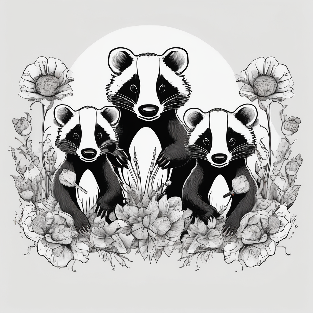Trippy, pair of badger siblings in a field of flowers one holding a cigar and the other holding a lighter of-siblings, AI-generated Cartoon tattoo design