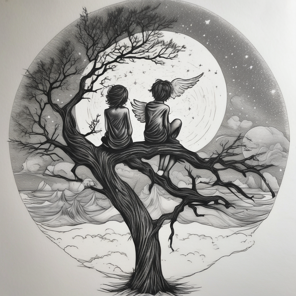 Two siblings watching a starfall by the sea. They are sitting on a tree branch in the woods and having an angel by There side of-siblings, AI-generated Realistic tattoo design