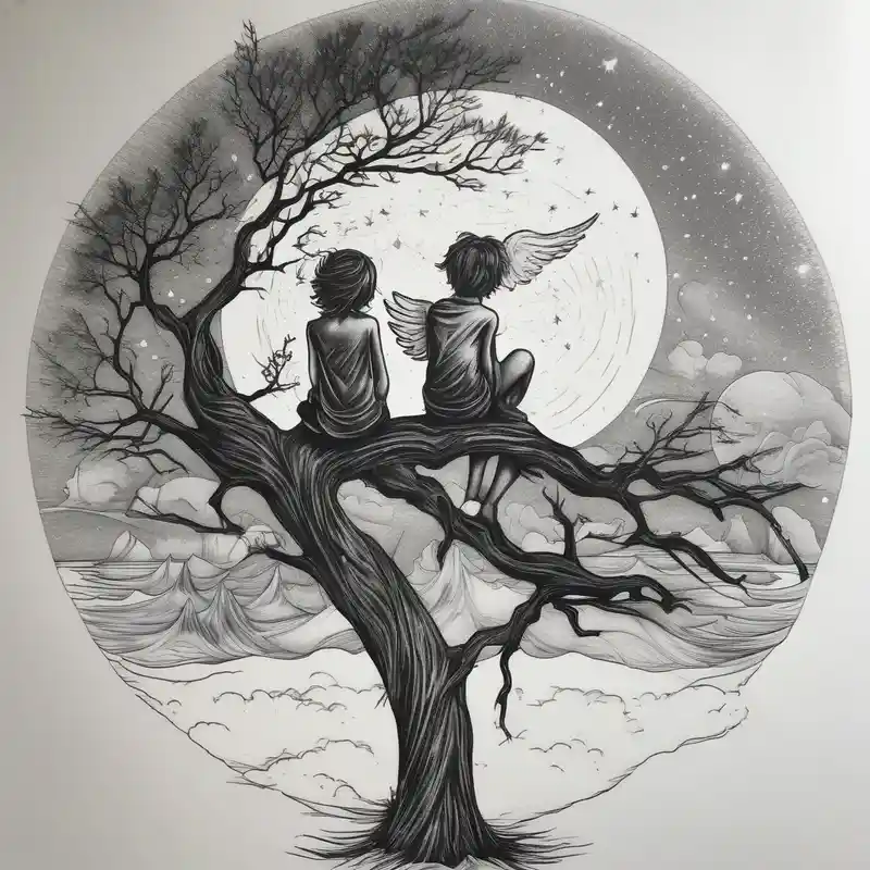 Two siblings watching a starfall by the sea. They are sitting on a tree branch in the woods and having an angel by There side