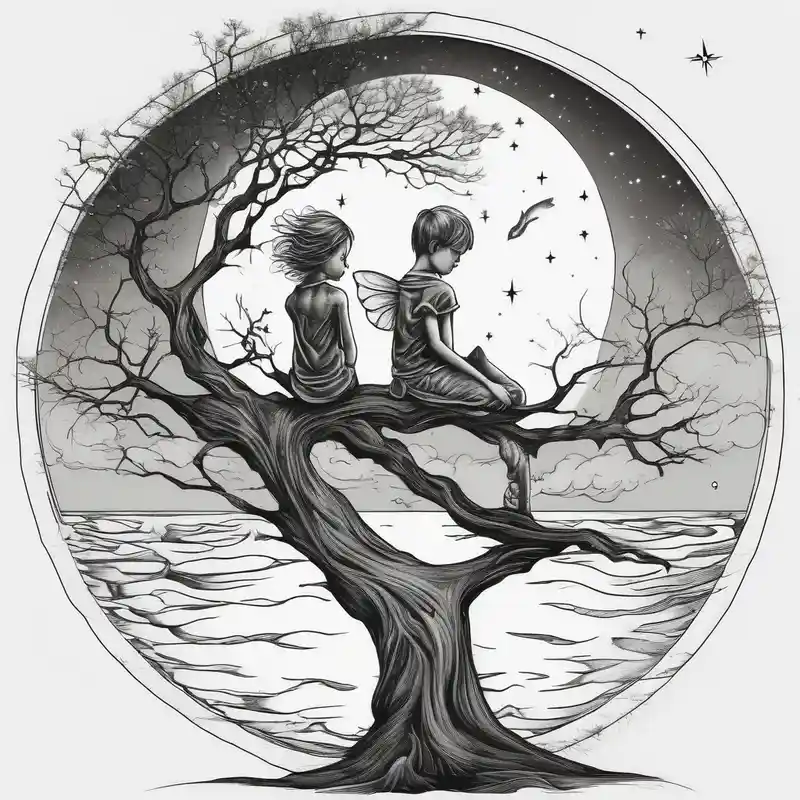 Two siblings watching a starfall by the sea. They are sitting on a tree branch in the woods and having an angel by There side