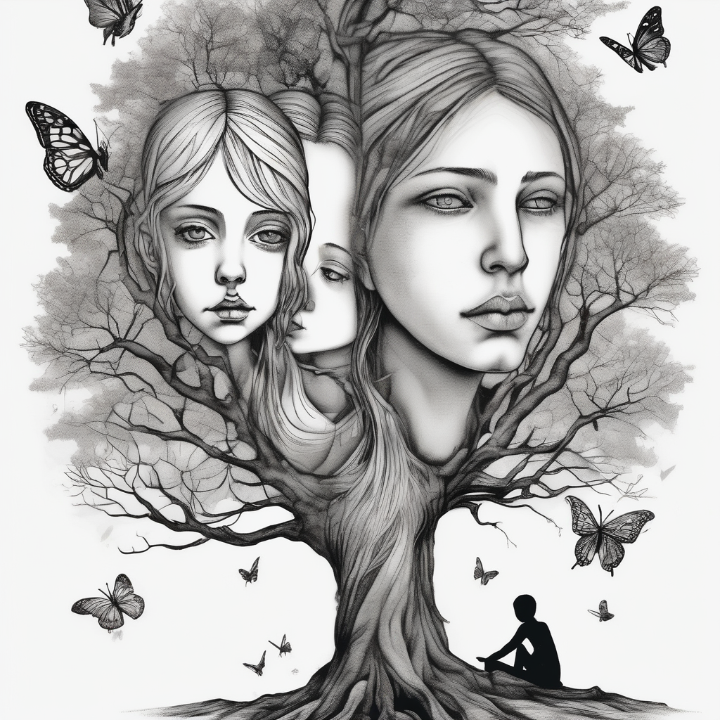 Two siblings watching a starfall by the sea. They are sitting on a tree branch in the woods and having an beutiful butterfly by There side of-siblings, AI-generated Surreal tattoo design