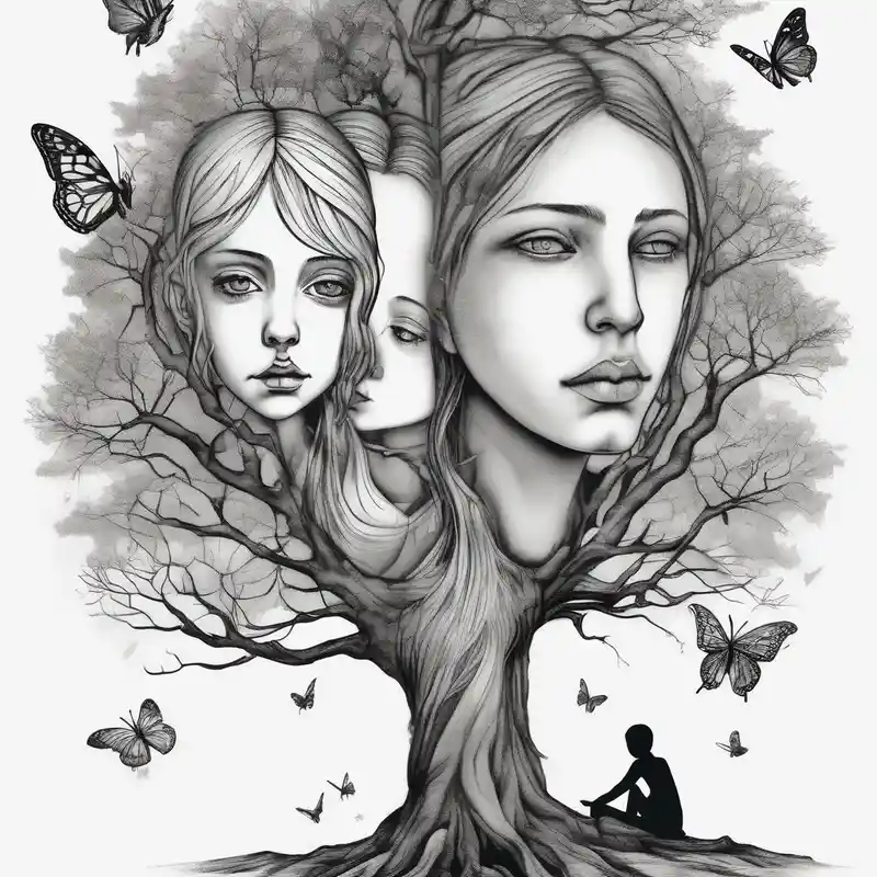 Two siblings watching a starfall by the sea. They are sitting on a tree branch in the woods and having an beutiful butterfly