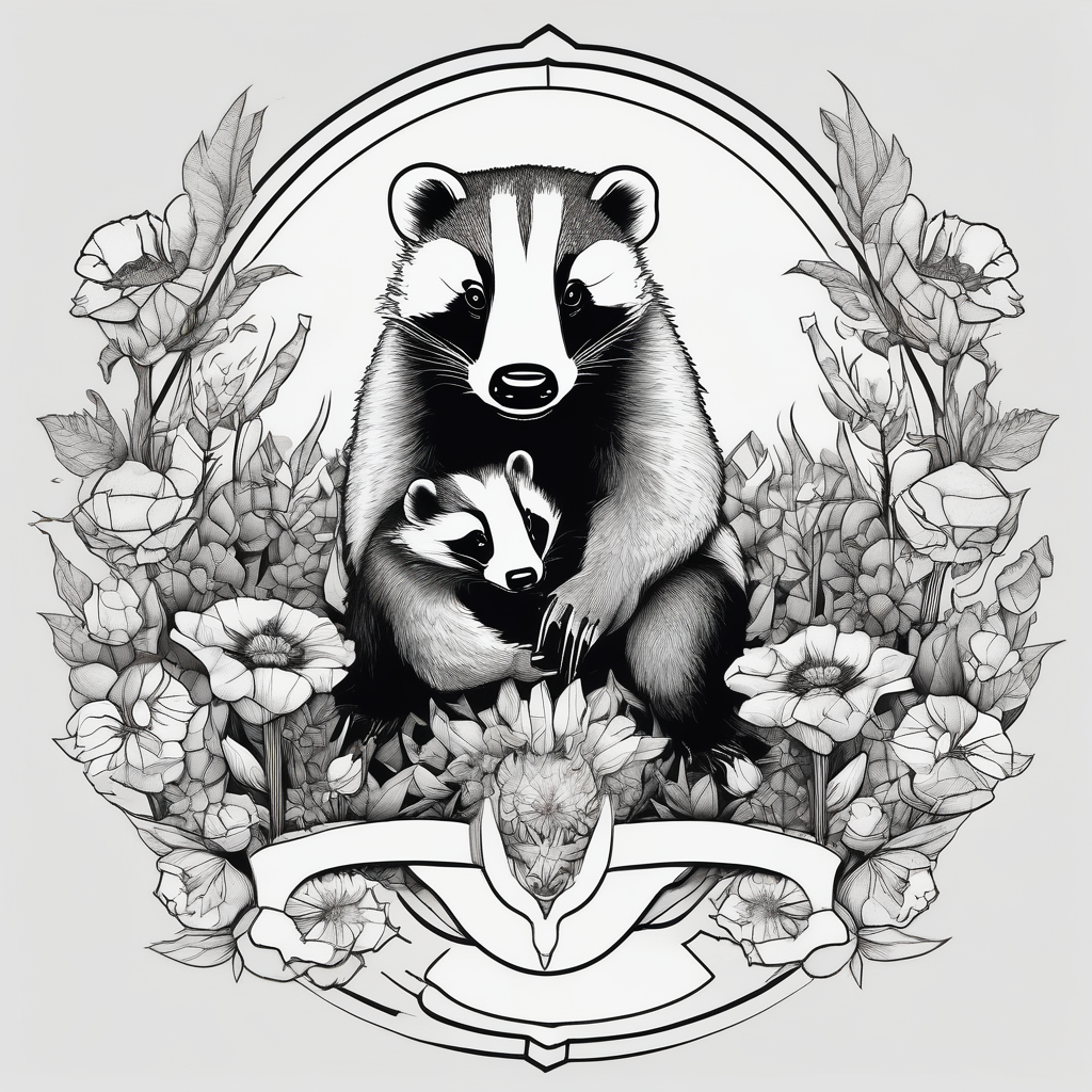 Trippy, pair of badger siblings in a field of flowers one holding a cigar and the other holding a lighter of-siblings, AI-generated Geometric tattoo design
