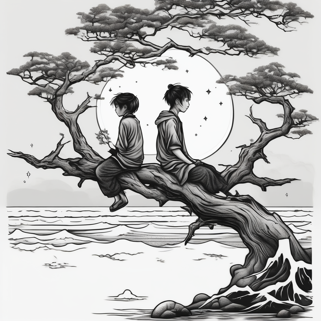 Two siblings watching a starfall by the sea. They are sitting on a tree branch in the woods of-siblings, AI-generated Japanese tattoo design