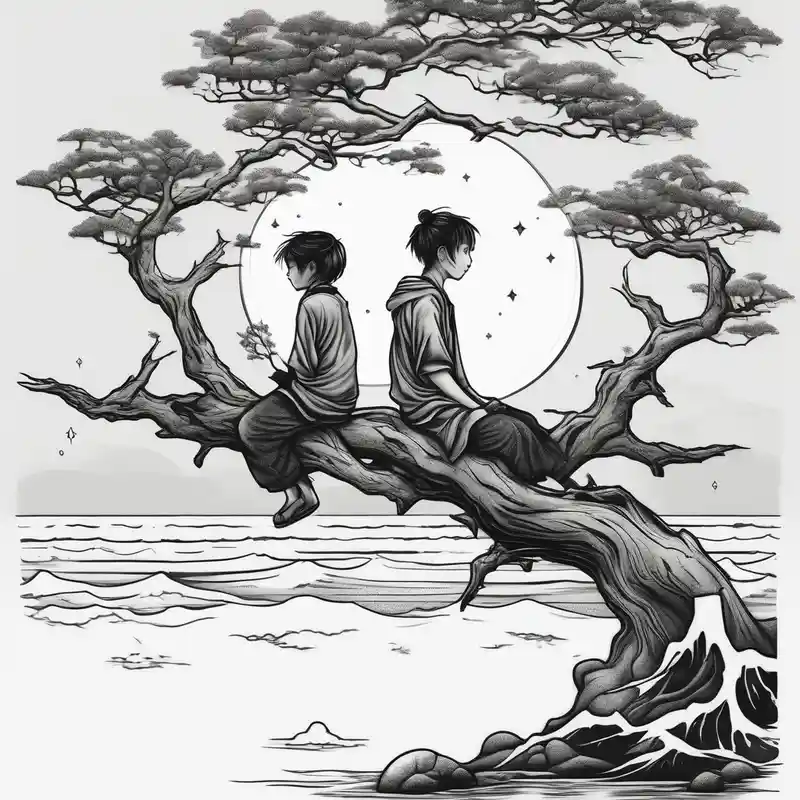 Two siblings watching a starfall by the sea. They are sitting on a tree branch in the woods of-siblings