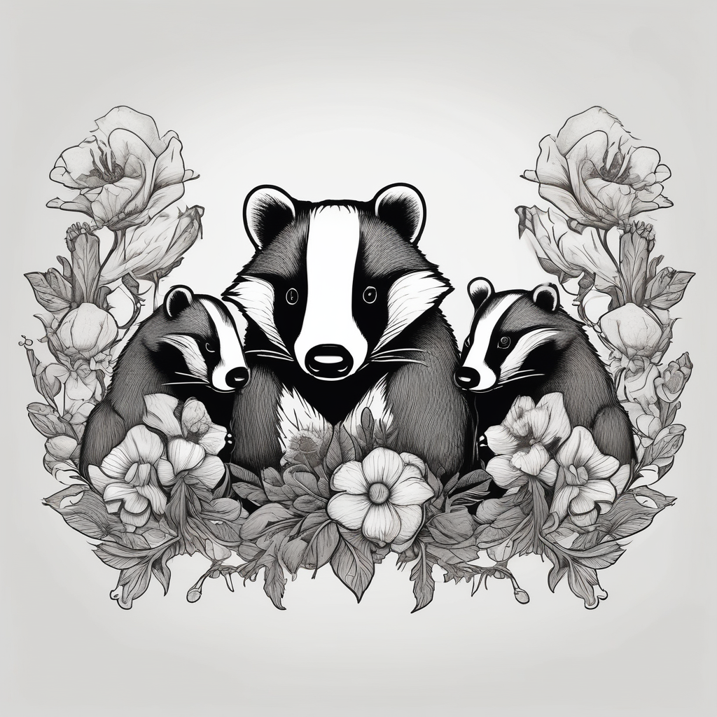 Trippy, pair of badger siblings in a field of flowers smoking a cigar of-siblings, AI-generated Old School tattoo design