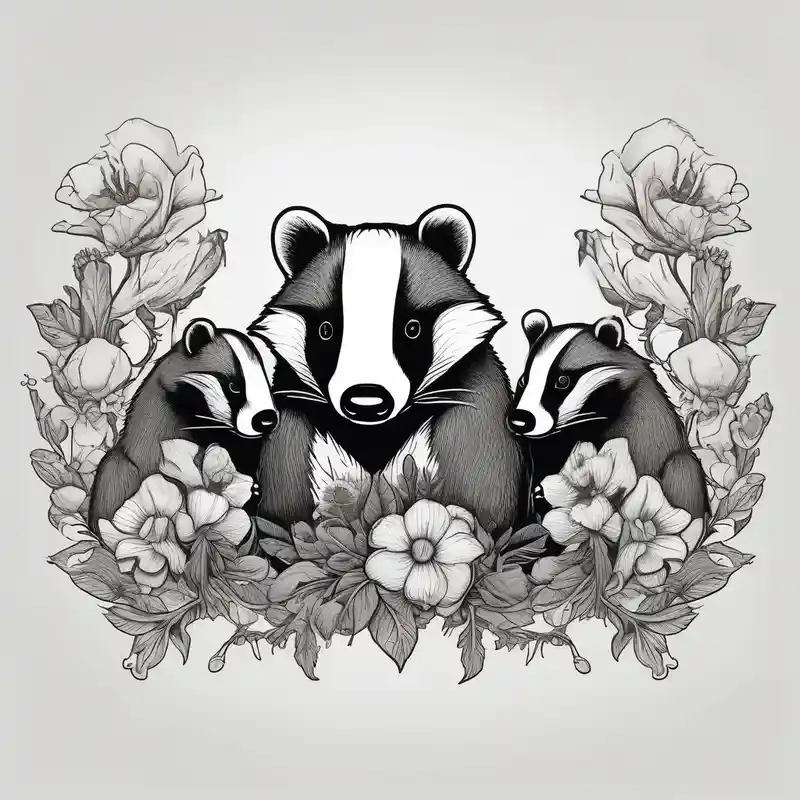 Trippy, pair of badger siblings in a field of flowers smoking a cigar of-siblings