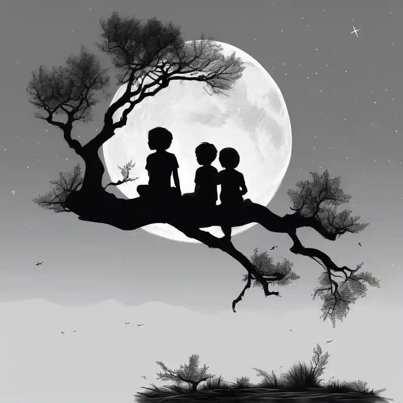 Two siblings watching a starfall by the sea. They are sitting on a tree branch in the woods of-siblings